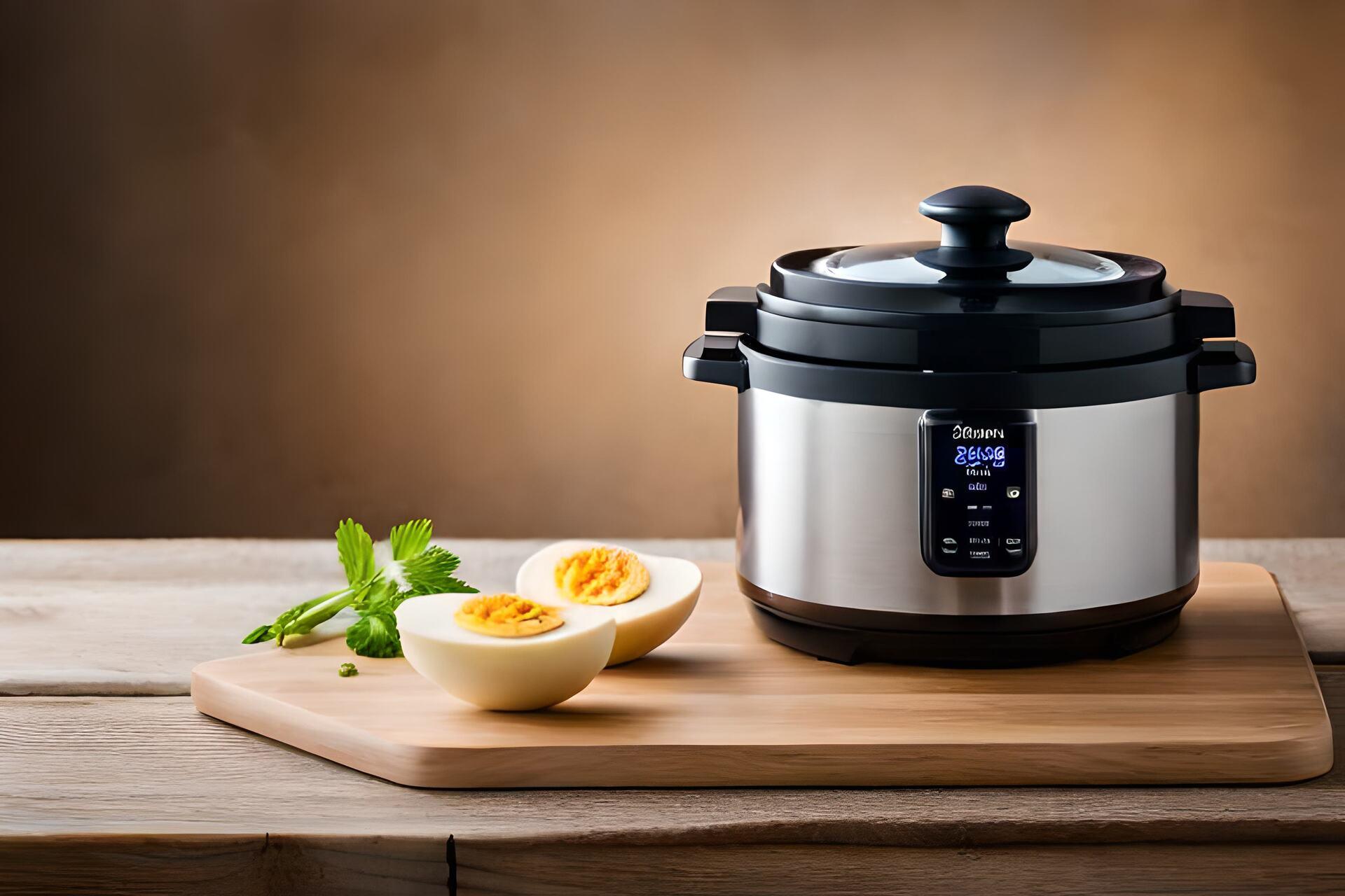 Slow cooker with a hearty stew and fresh vegetables on a kitchen counter